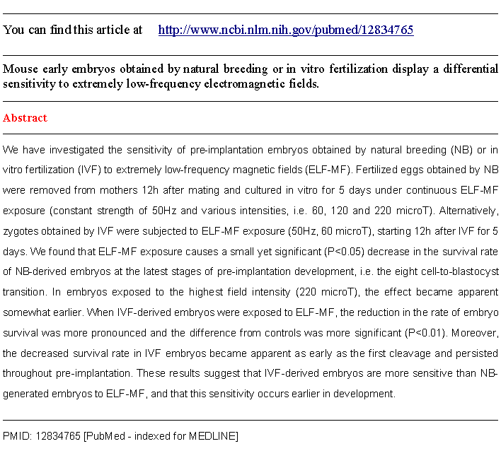  : You can find this article at     http://www.ncbi.nlm.nih.gov/pubmed/12834765Mouse early embryos obtained by natural breeding or in vitro fertilization display a differential sensitivity to extremely low-frequency electromagnetic fields.AbstractWe have investigated the sensitivity of pre-implantation embryos obtained by natural breeding (NB) or in vitro fertilization (IVF) to extremely low-frequency magnetic fields (ELF-MF). Fertilized eggs obtained by NB were removed from mothers 12h after mating and cultured in vitro for 5 days under continuous ELF-MF exposure (constant strength of 50Hz and various intensities, i.e. 60, 120 and 220 microT). Alternatively, zygotes obtained by IVF were subjected to ELF-MF exposure (50Hz, 60 microT), starting 12h after IVF for 5 days. We found that ELF-MF exposure causes a small yet significant (P<0.05) decrease in the survival rate of NB-derived embryos at the latest stages of pre-implantation development, i.e. the eight cell-to-blastocyst transition. In embryos exposed to the highest field intensity (220 microT), the effect became apparent somewhat earlier. When IVF-derived embryos were exposed to ELF-MF, the reduction in the rate of embryo survival was more pronounced and the difference from controls was more significant (P<0.01). Moreover, the decreased survival rate in IVF embryos became apparent as early as the first cleavage and persisted throughout pre-implantation. These results suggest that IVF-derived embryos are more sensitive than NB-generated embryos to ELF-MF, and that this sensitivity occurs earlier in development.PMID: 12834765 [PubMed - indexed for MEDLINE]